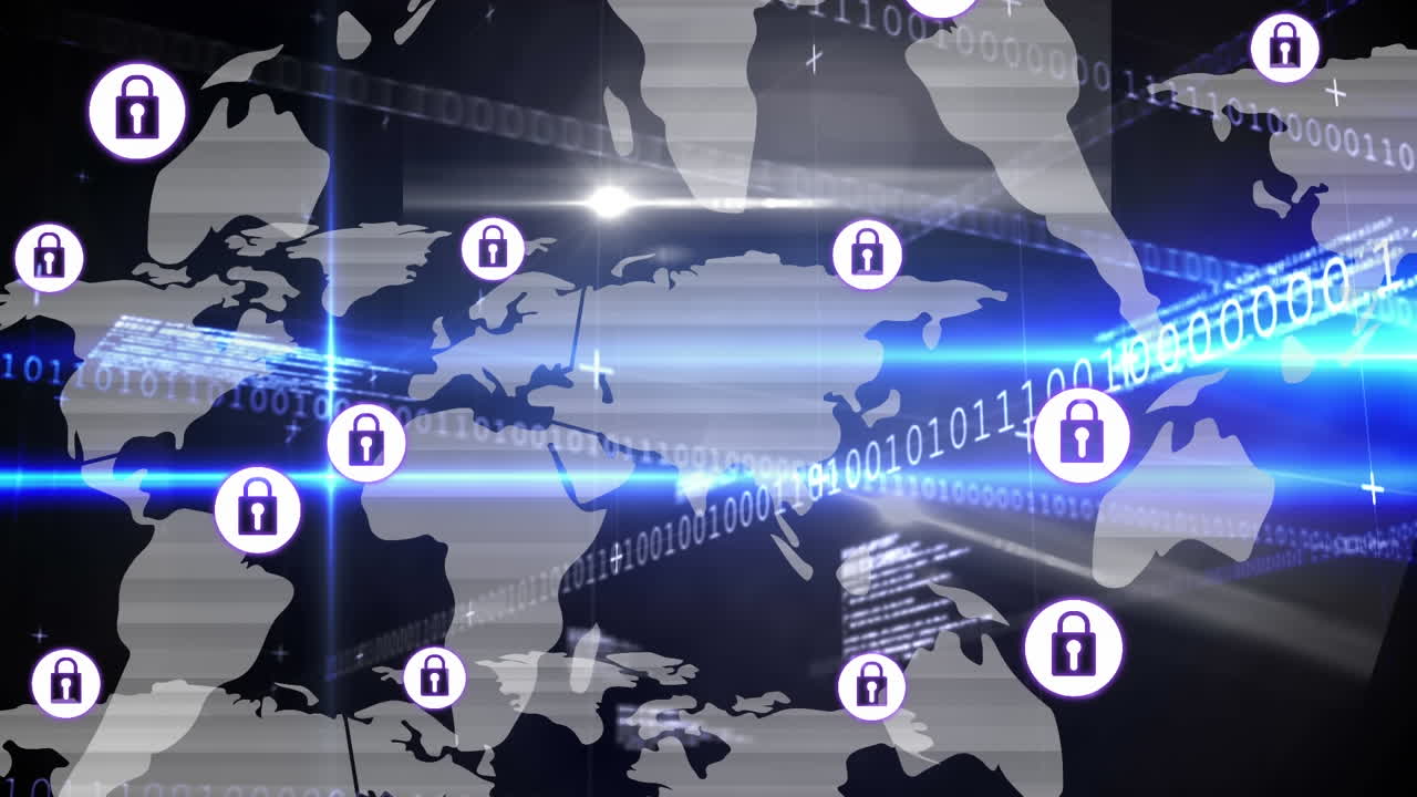 바이너리 코딩과 세계 지도 위의 아이콘으로 연결 네트워크의 애니메이션