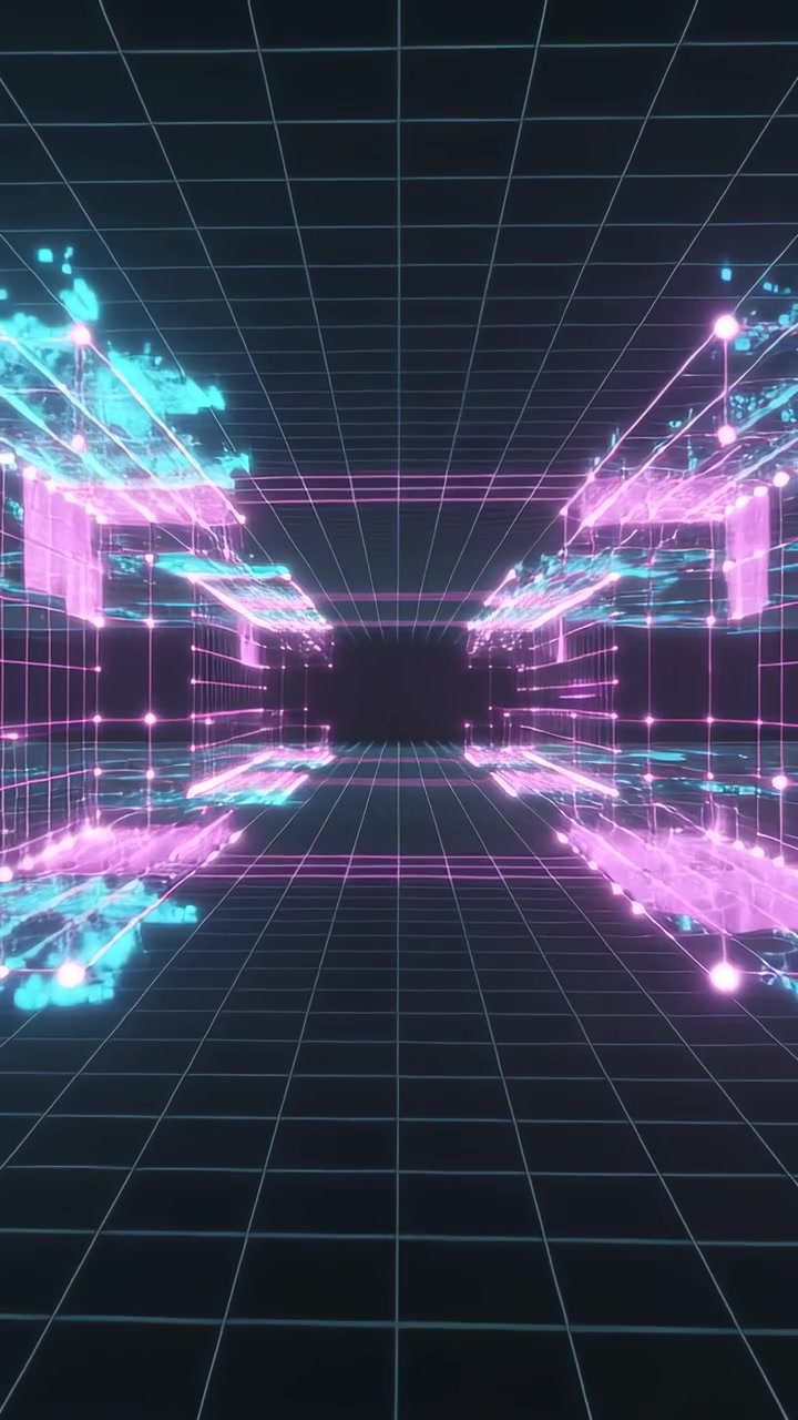 Video verticale: Impulso iniziale che spinge un tunnel al neon in avanti in una griglia, mostrando nodi magenta e ciano.
