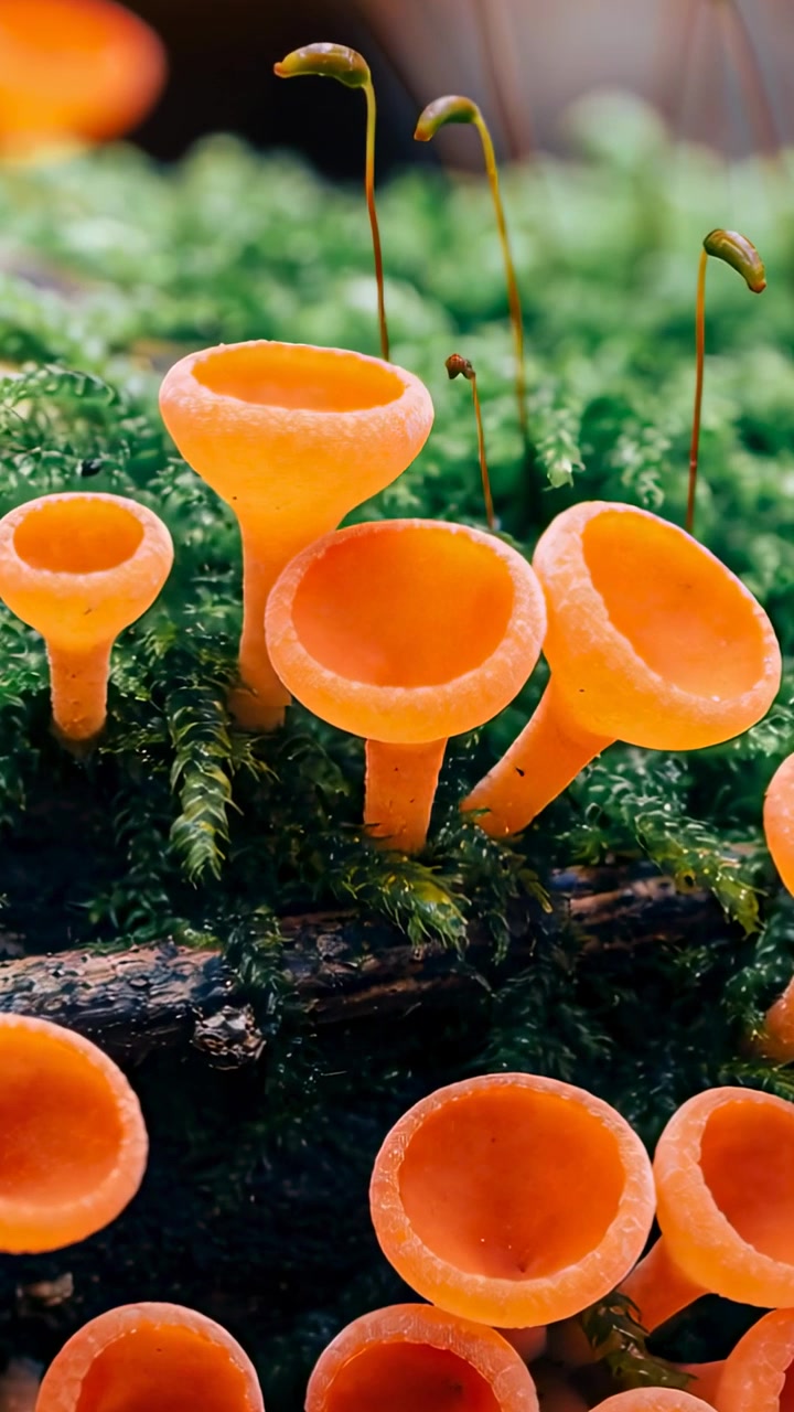 Vertical video: Panning camera shifting focus upward and right, revealing orange cup fungi on moss