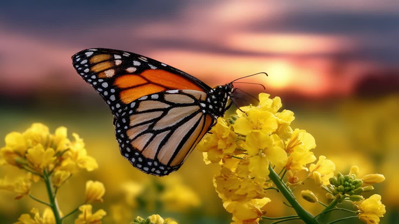 Captivating Monarch Butterfly Gracing Blooming Yellow Flowers at Sunset, Showcasing Nature's Vivid Beauty and Serene Atmosphere in a Colorful Garden Landscape