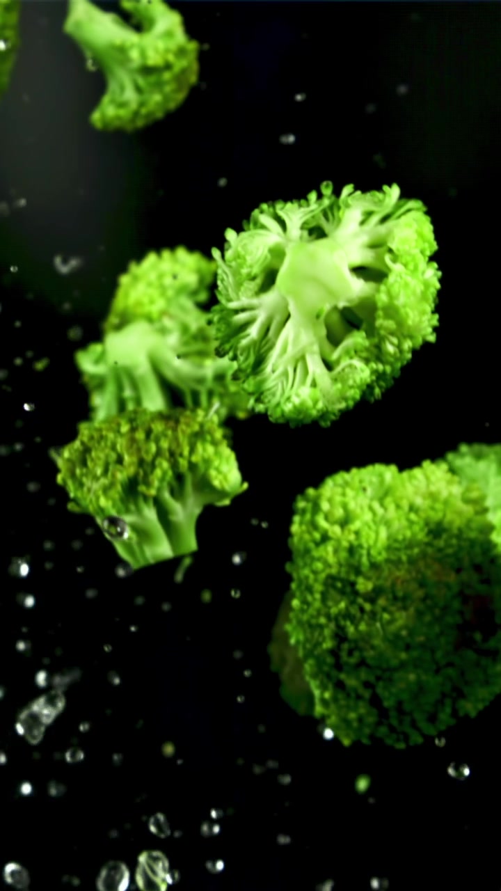 Cimette di broccoli freschi e verdi che cadono al rallentatore con schizzi d'acqua