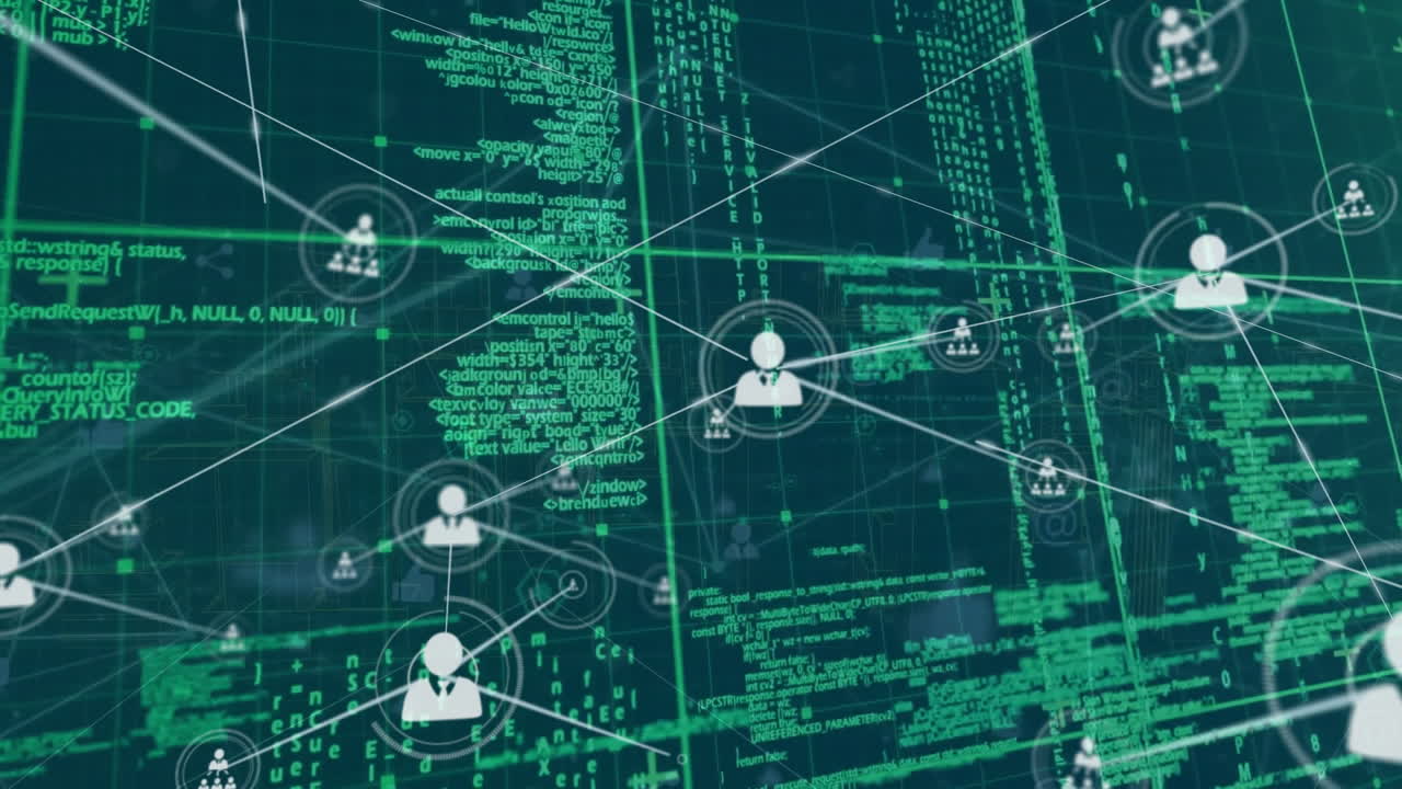 Animation of network of connections with people icons over data processing