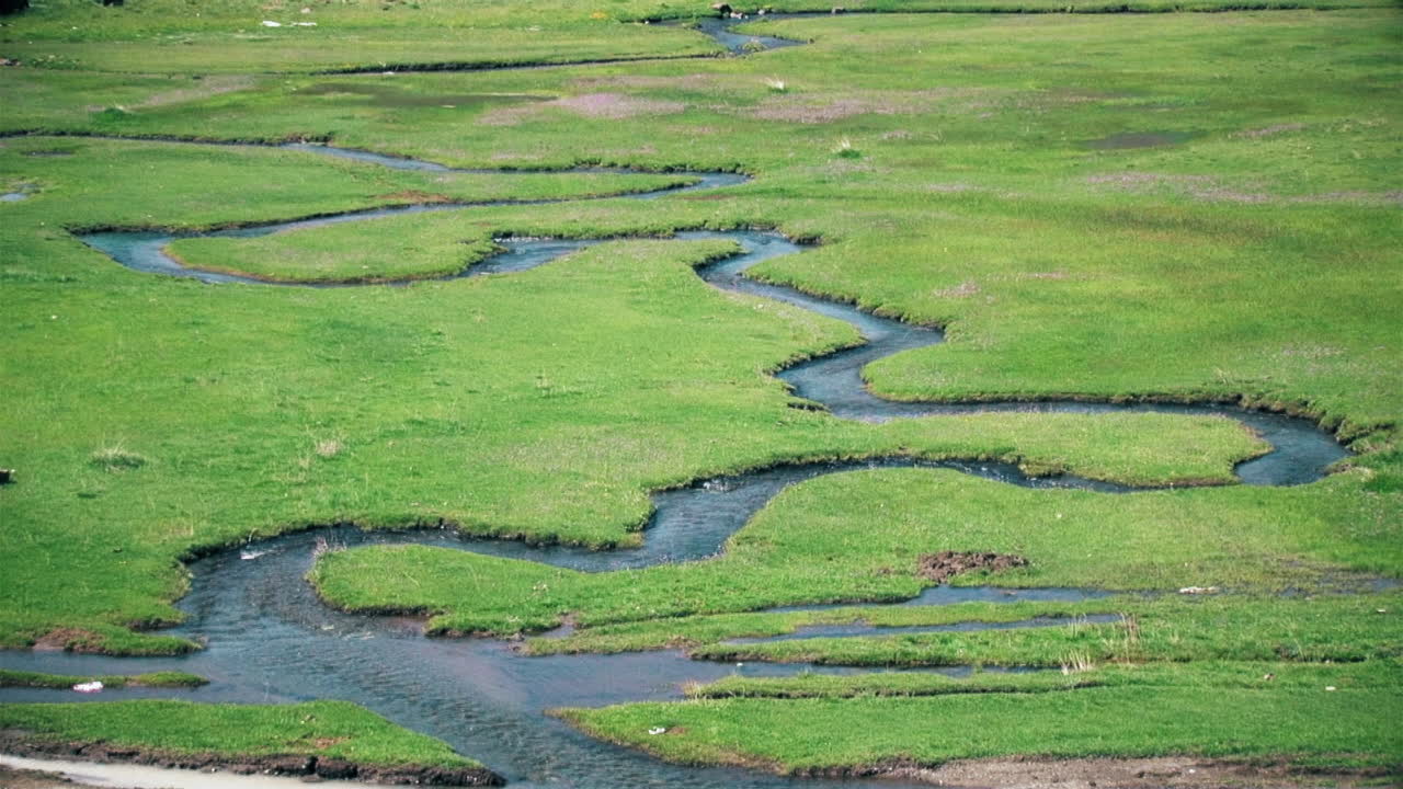 la naturaleza pintoresca del río azul fluye una red larga y sinuosa en el suelo de hierba en primavera
