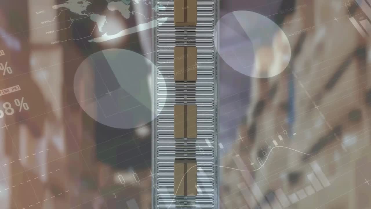 컨베이어 벨트에 있는 카드본 상자 위에서 통계와 데이터 처리의 애니메이션