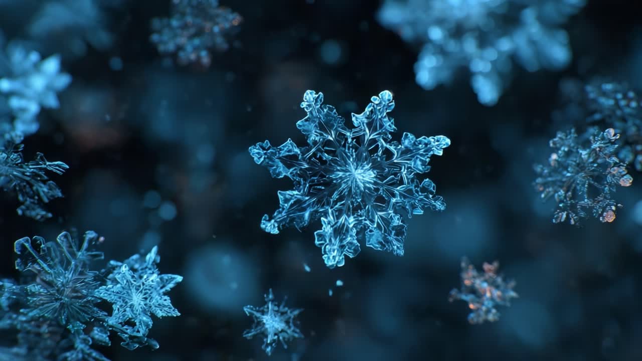 A Mesmerizing Close-Up of Intricate Snowflakes Floating Gracefully in a Cool Atmosphere, Capturing the Beauty and Detail of Winter's Unique Ice Crystals