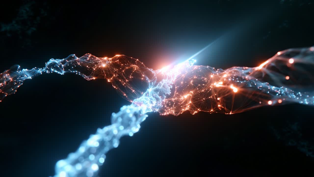 A Stunning Visualization of Dynamic Energy Flow: Electric Blue and Fiery Orange Streams Intertwine and Illuminate the Darkness as They Travel Through an Abstract Network of Light and Connectivity
