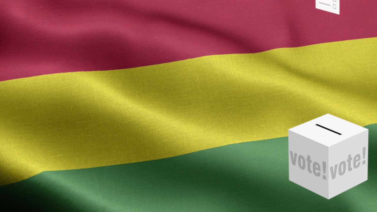 las papeletas vuelan a la caja para la selección de bolivia - caja de votación frente a la bandera - elección - voto - bandera de bolivia - bandera de bolivia alto detalle - bandera nacional boliviana patrón de ondas elementos loopables - textura de tela y bucle sin fin