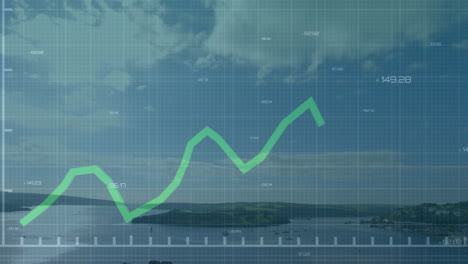 flat design green zigzag line graph climbing across coastal bay with grid overlay and number labels