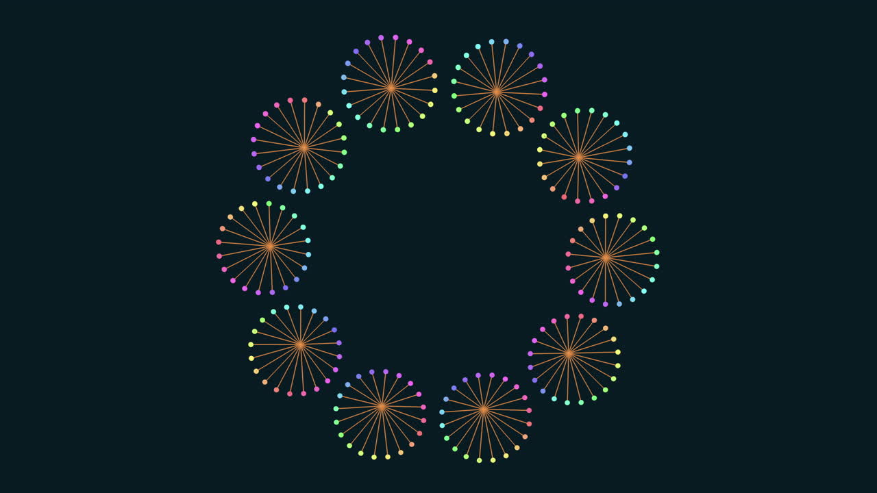 A vibrant circular display of colorful fireworks composed of circular patterns of dots set against a black background, creating a festive and dynamic visual experience