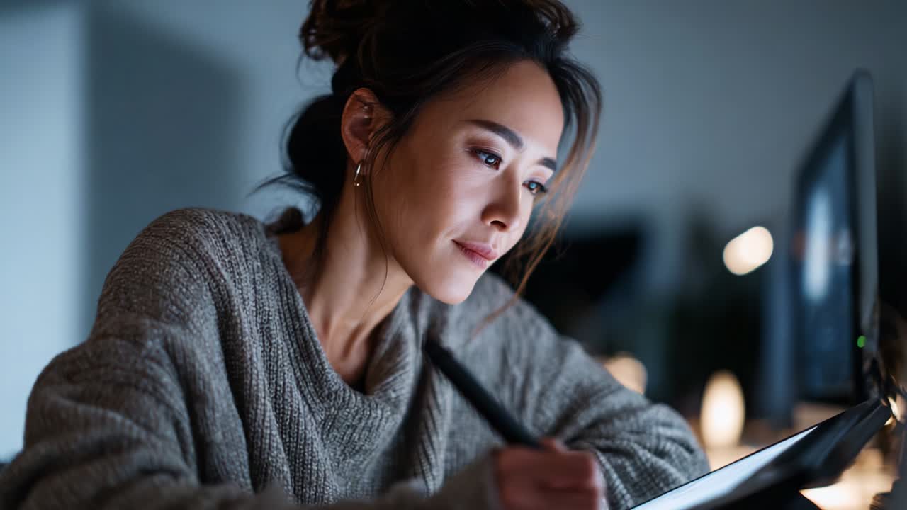 Focused artist immersed in the creative process at her workspace, capturing her attention as she thoughtfully sketches and designs, surrounded by soft ambient lighting and modern technology