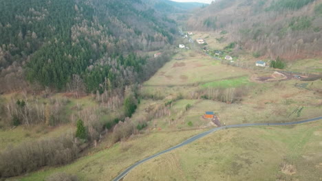 Country-Road-Between-Green-Fields-And-Mountains-In-Jedlina-Zdrój,-Poland---Aerial-Shot