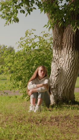 woman sits on grassy ground under tree with thoughtful expression, folding arms over legs, sunlight reflecting on her face as she looks to the right, background includes poles and stadium