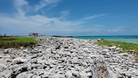 沿海的灰色石头和人们步行进入清晰的水晶海水背景