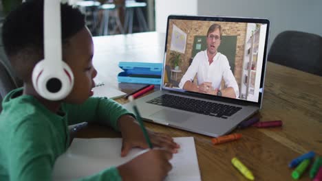 Niño-Afroamericano-Haciendo-La-Tarea-Mientras-Hace-Una-Videollamada-Con-Un-Maestro-En-Una-Computadora-Portátil-En-Casa