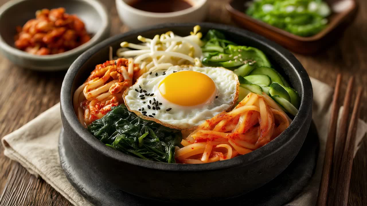 Vibrant korean bibimbap with sauteing seasonal vegetables, grilling marinated beef, sunny side up egg crowning fragrant steamed rice, gochujang sauce enhancing traditional flavors