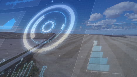 futuristic data interface animation over aerial view of desert landscape