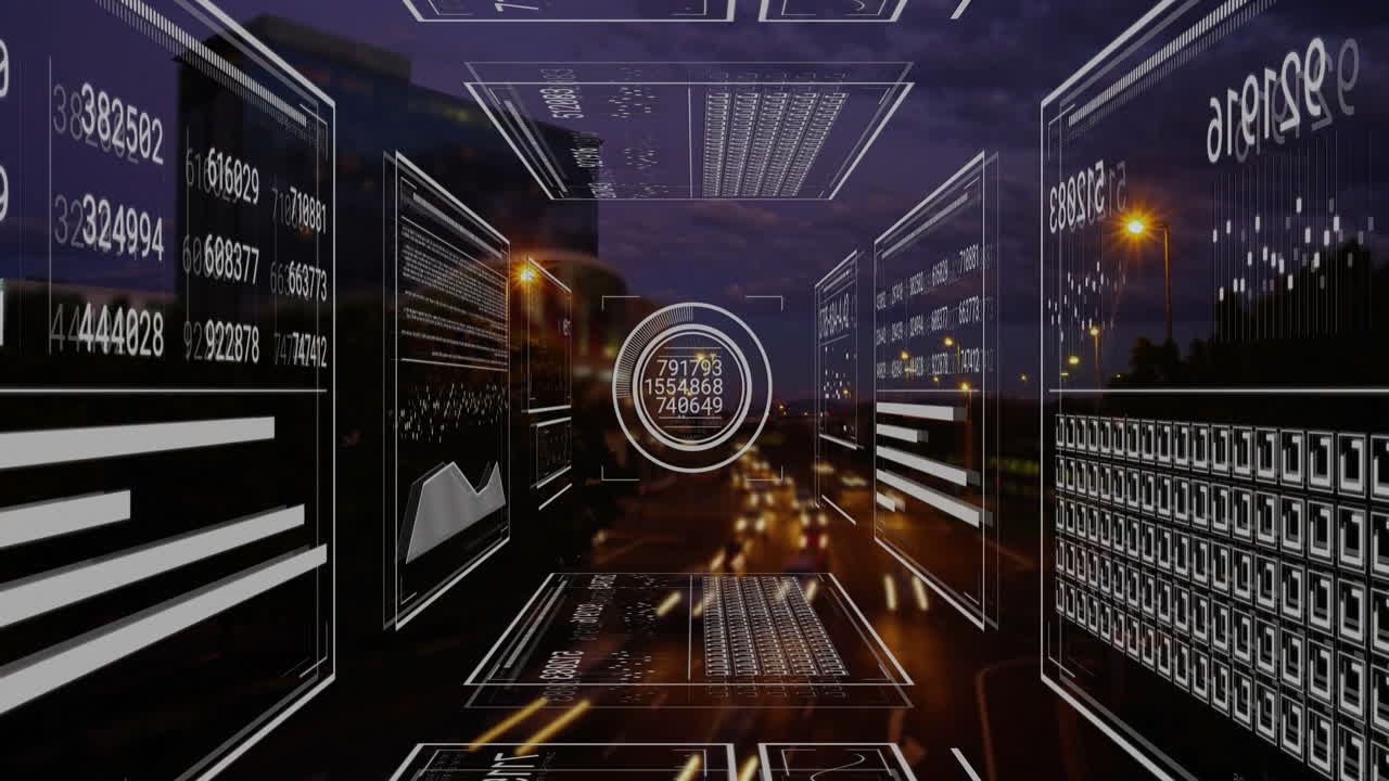 Animation of data processing over cityscape