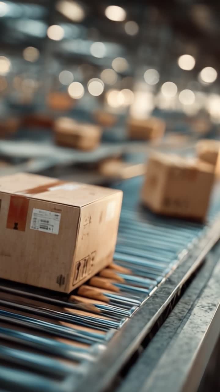 Efficient Industrial Package Sorting Process with Cardboard Boxes on Conveyor Belt Amidst a Blurred Warehouse Background Focusing on Logistics Operations
