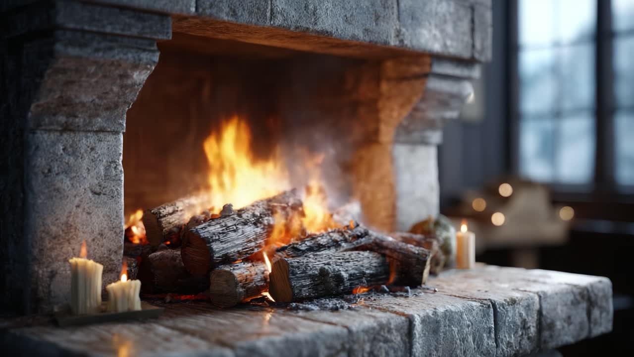 Cozy and Inviting Fire in a Rustic Stone Fireplace, Illuminating a Warm Atmosphere with Flickering Flames and Candles for Comfort and Relaxation