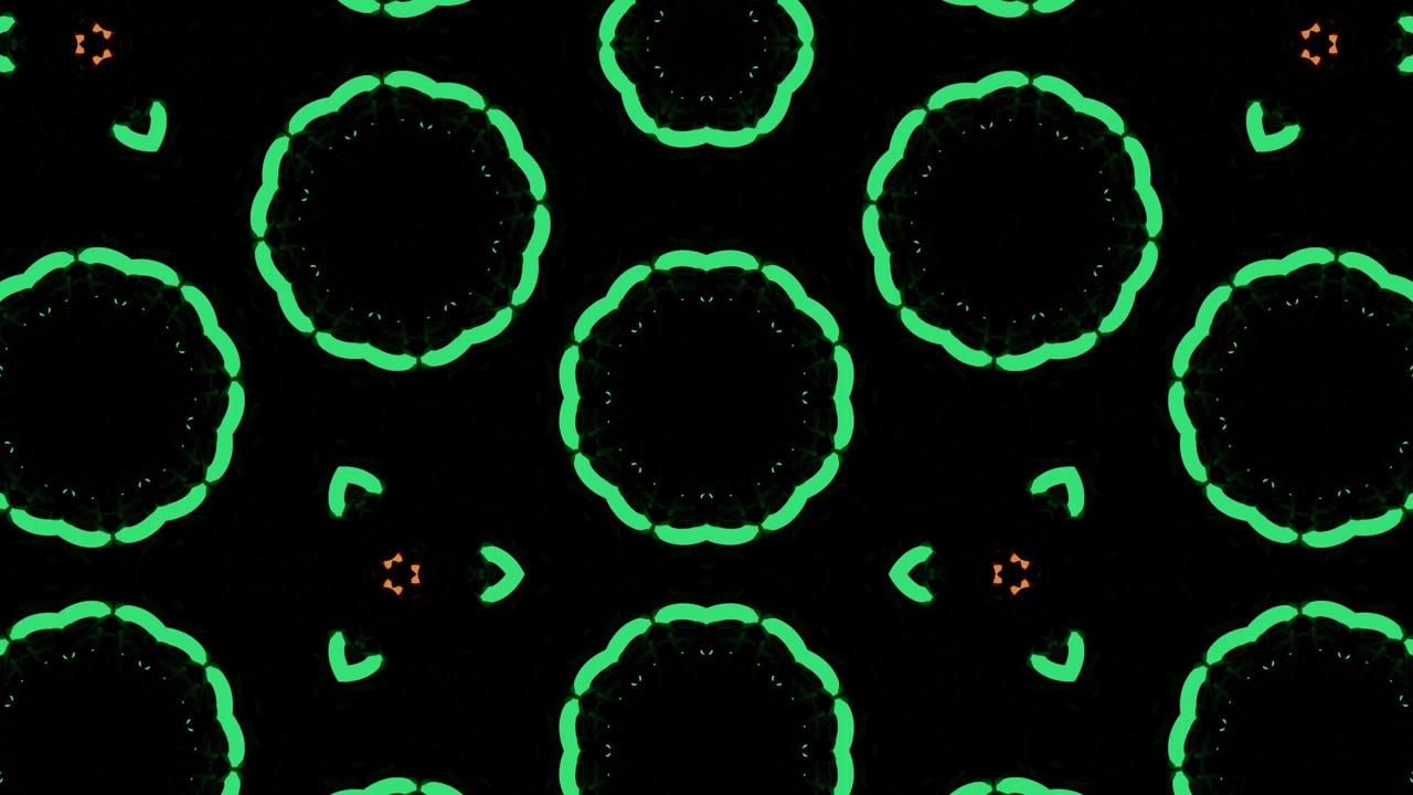 Sfondo astratto simmetrico in loop, elementi 3D si illuminano come lampadine con luce neon multicolore. Sfondo per spettacoli o eventi, mostre, festival o concerti, video musicali, VJ loop per locali notturni.