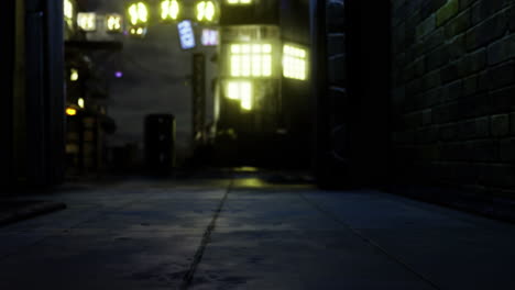 Urban alleyway captures nighttime glow of city lights and shadows