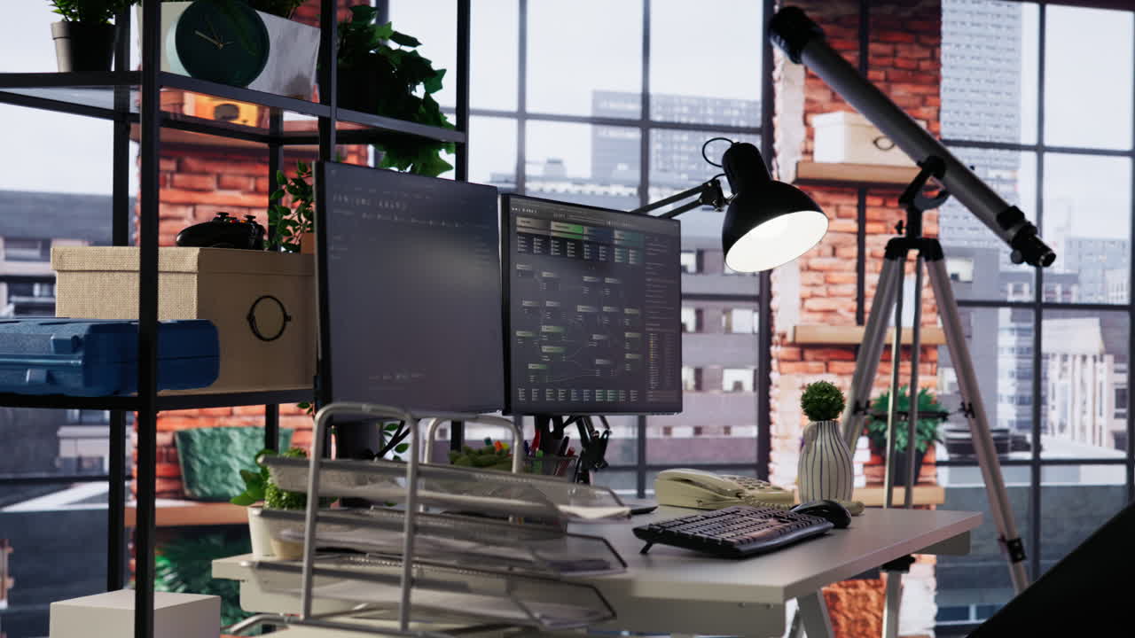 프로그래밍 언어를 보여주는 스타트업 오피스 데스크의 pc 디스플레이