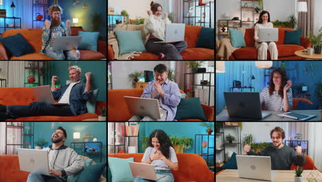 collage de personas sonrientes felices hombres mujeres usan portátiles celebrando ganar buenas noticias jugar juegos en casa