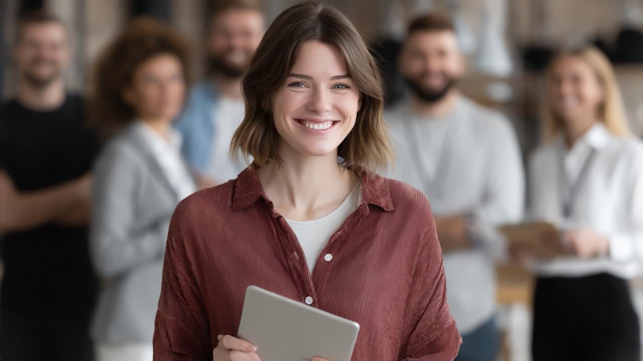 Giovane donna sorridente e sicura di sé che tiene un tablet di fronte a un gruppo di colleghi che la supportano in un ambiente d'ufficio moderno e luminoso
