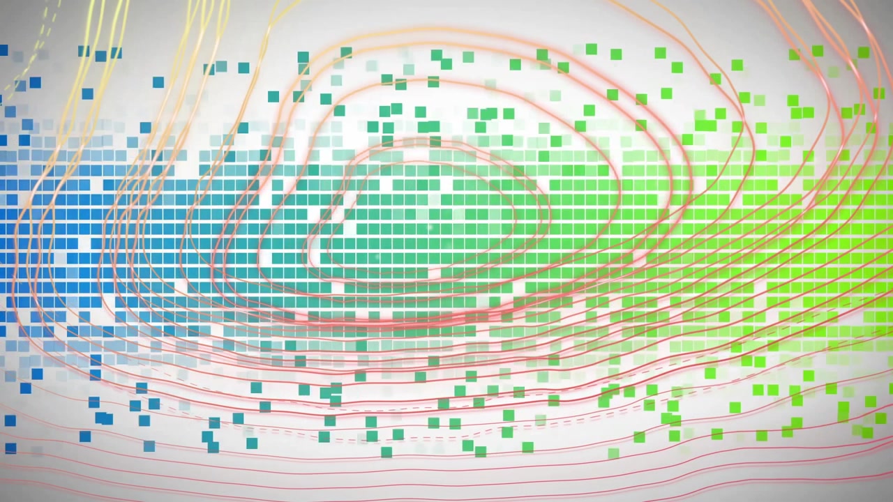 Abstract digital grid shifting in center, showing swirling orange contour lines over teal blocks