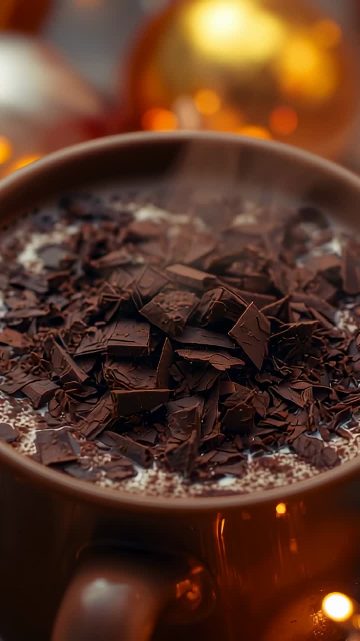 Vertical video: Revealing mug steaming chocolate on wooden table with shavings and warm lights