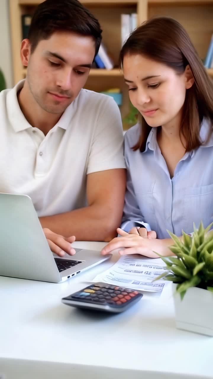 A young Couple with a calculator and bills to pay, with a laptop open on the dining table.