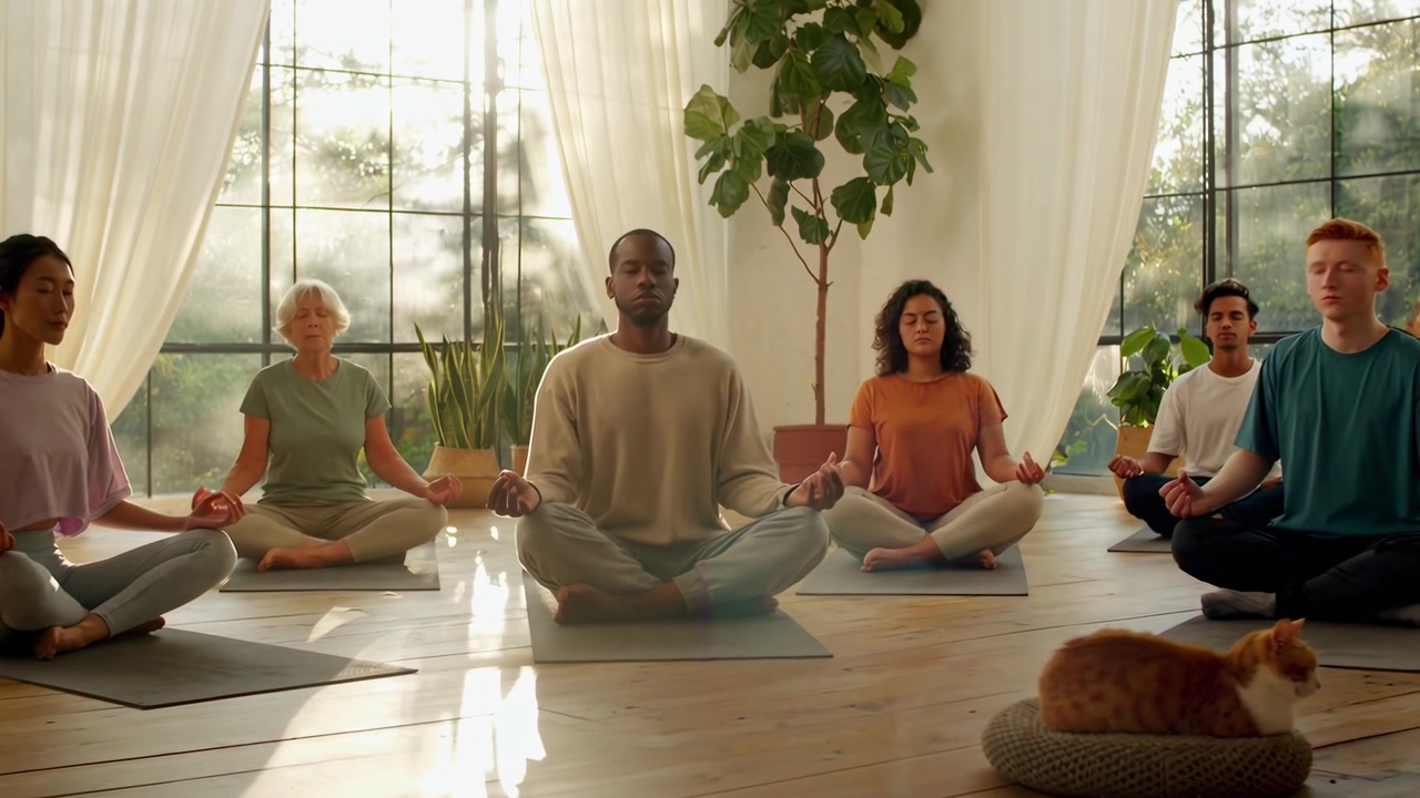 Gruppo eterogeneo di persone che praticano yoga e meditazione in uno studio luminoso