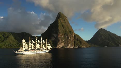 The-Royal-Clipper-under-full-sails-in-front-of-Saint-Lucia's-iconic-Pitons---side-on-view