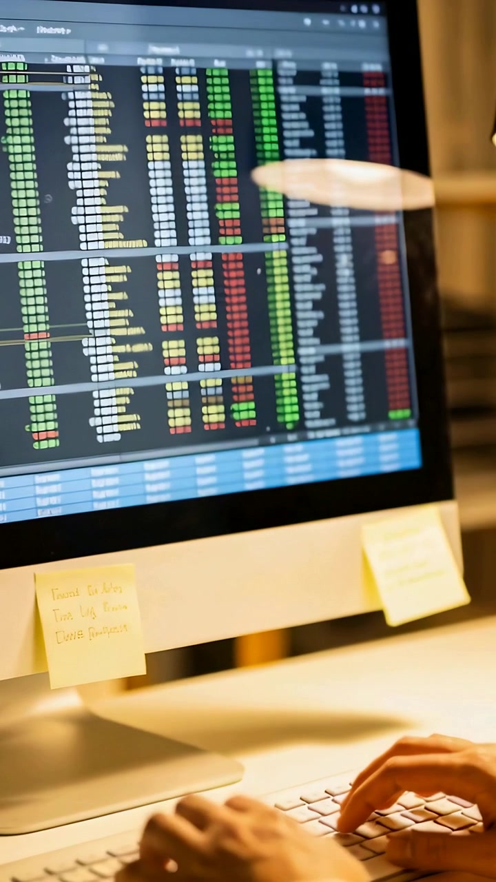Vertical video: Reacting to live market screen typist hands typing orders at desk with sticky notes