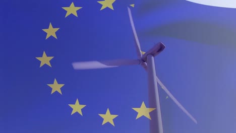 animation of european union flag over rotating wind turbine