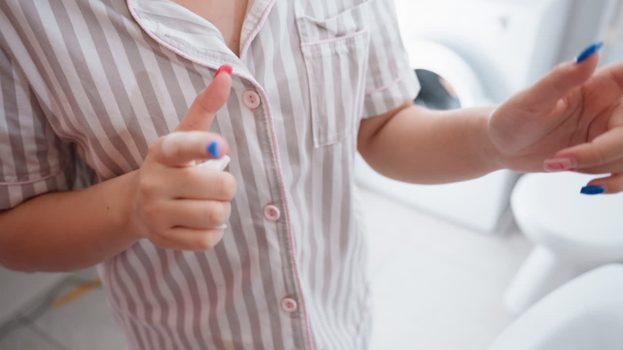 Woman In Striped Pajamas Pointing At Nails By Sink, Closeup Of Fingers Inspecting Manicure, Blue And Pink Polish, Casual Morning Grooming In Bathroom, Soft Natural Light, Careful Gesture And Attention