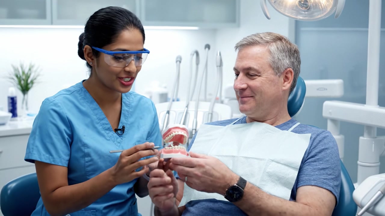 A Dental Professional Explains Oral Care Techniques to a Patient Using a Model in a Modern Dentistry Clinic Setting