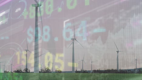 animation of stock market data processing against spinning windmills on grassland