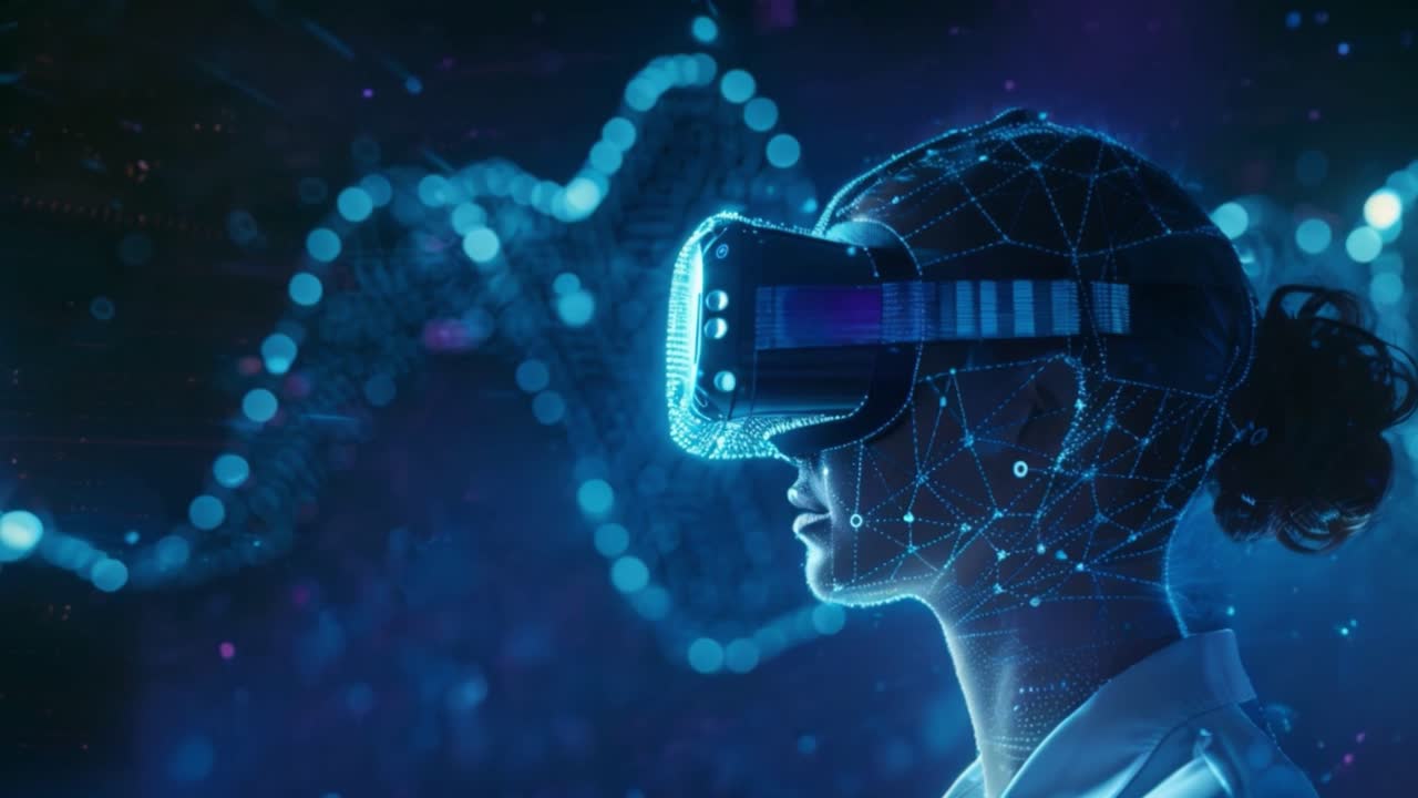 Woman Experiencing Virtual Reality in a Digital Metaverse