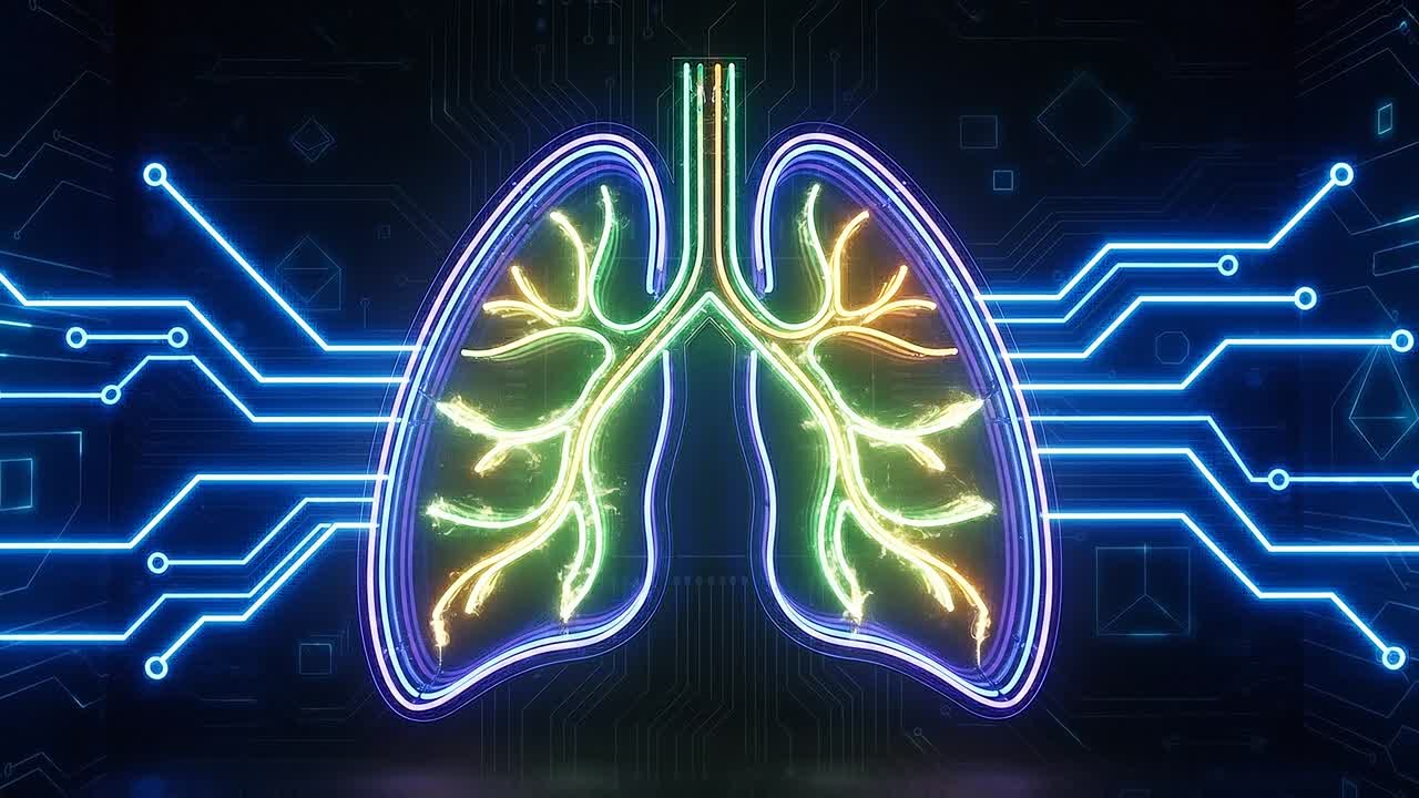 Futuristic glowing lungs with bright bronchial pathways connected to digital circuit lines representing health technology