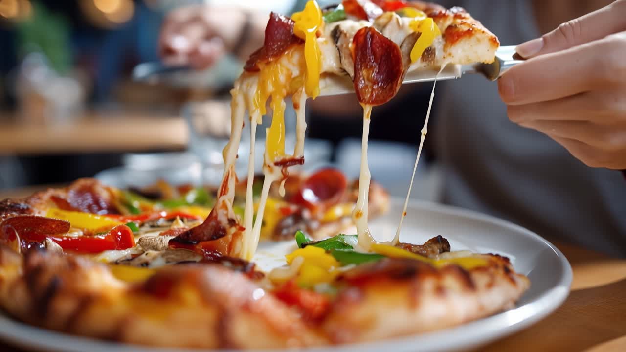 Mano che solleva una fetta di pizza calda con formaggio filante