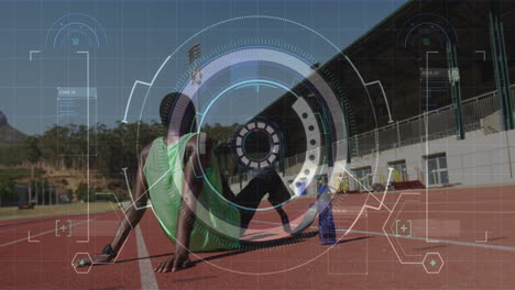 animación del procesamiento de datos sobre un atleta masculino discapacitado en la pista de carreras