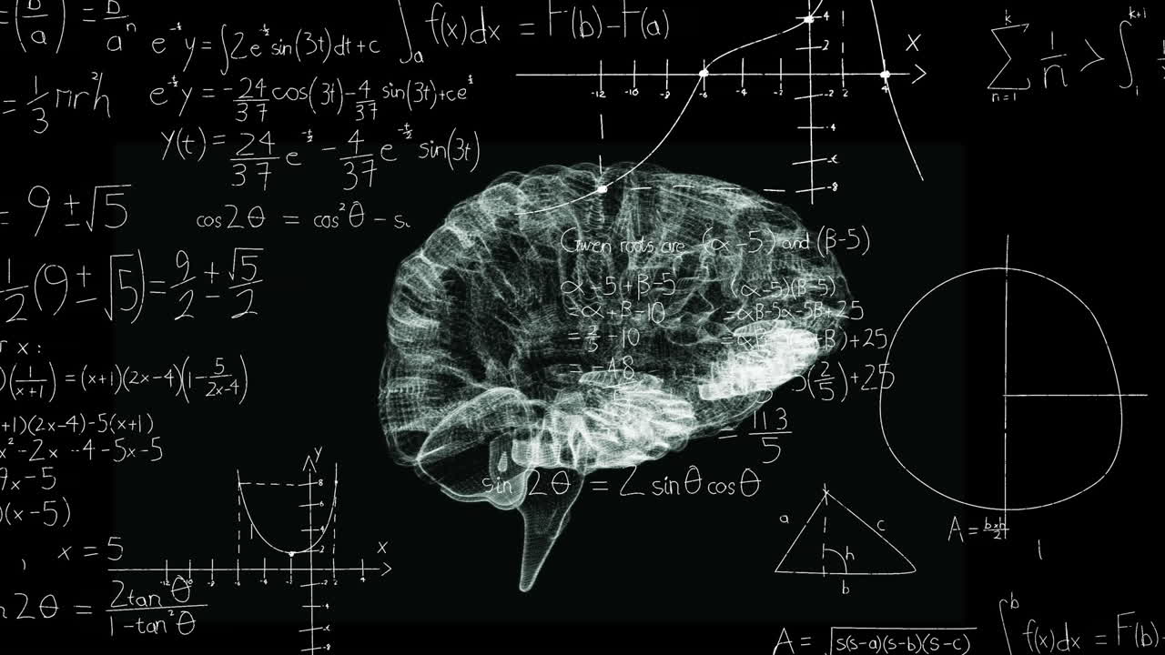 animación de ecuaciones matemáticas sobre el icono del cerebro humano giratorio contra un fondo negro