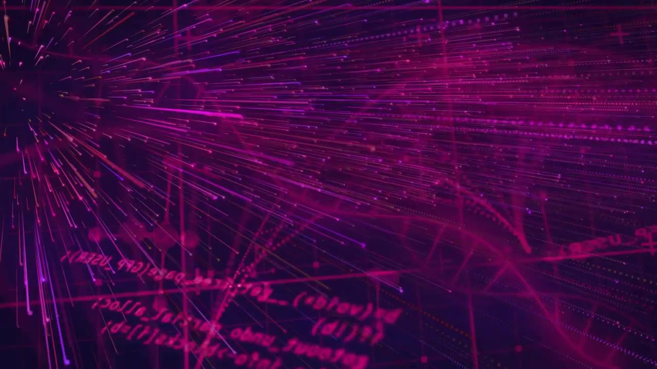 Origin pulsing magenta purple light bursting streaks weaving drifting code grid showing data flow