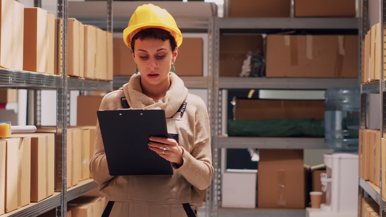 Warehouse worker with clipboard checking inventory