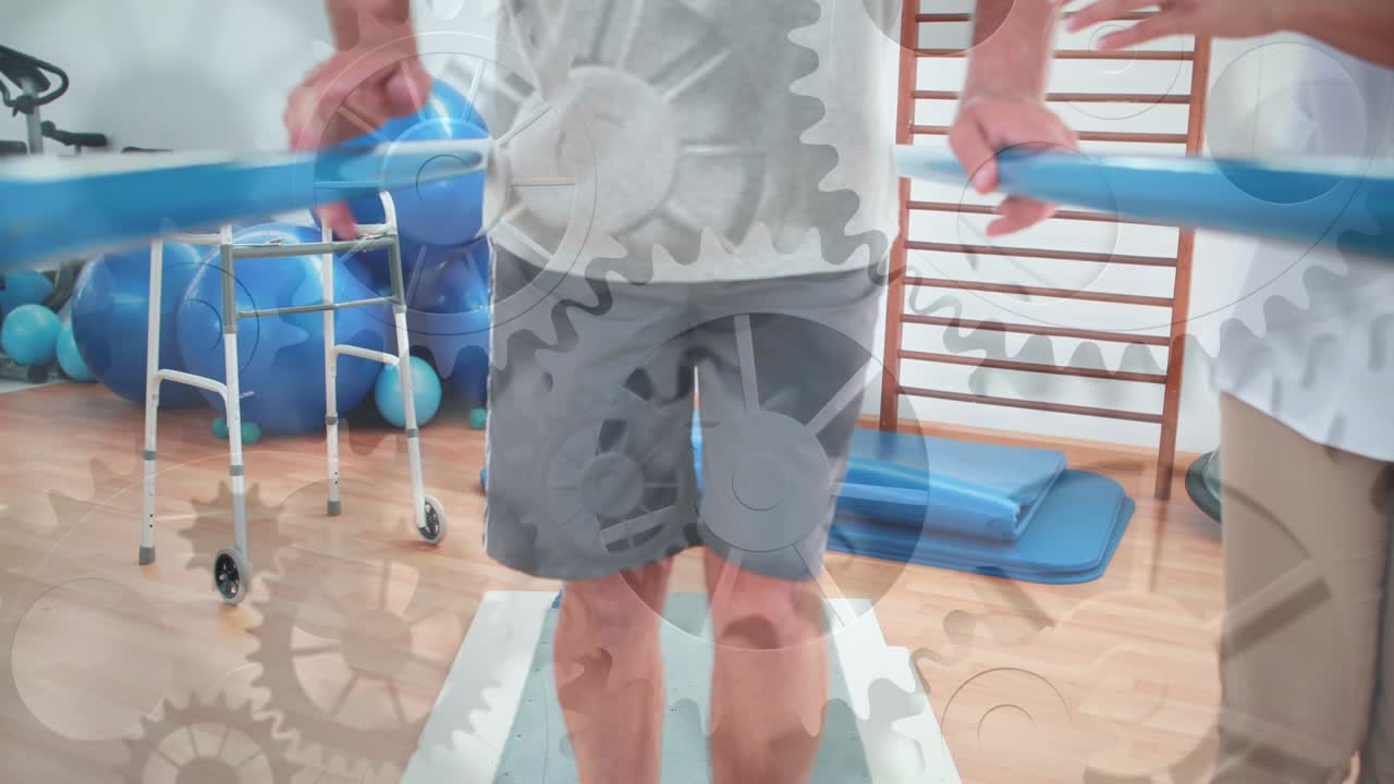 Patient starting treadmill walking on bars while rehab PT assessing gait lateral shift pelvic drop