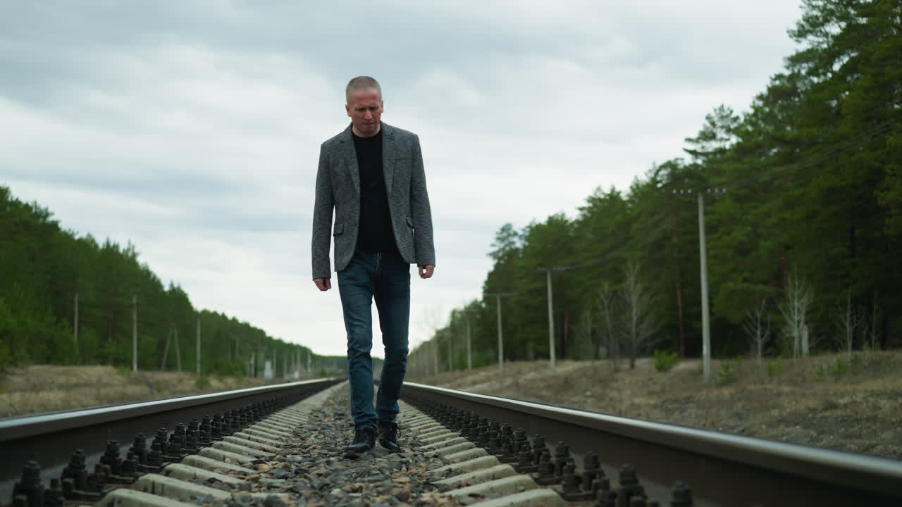 A close view of an aged man wearing jeans, a grey suit, and canvas shoes, walking tiredly on a railway with stones, with trees and electric poles on either side