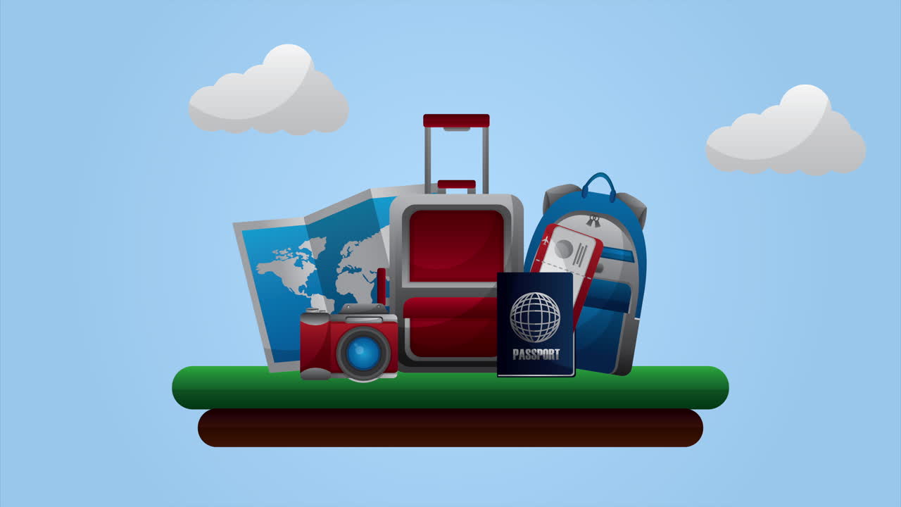 viaje alrededor del mundo animación con mapa de papel y artículos