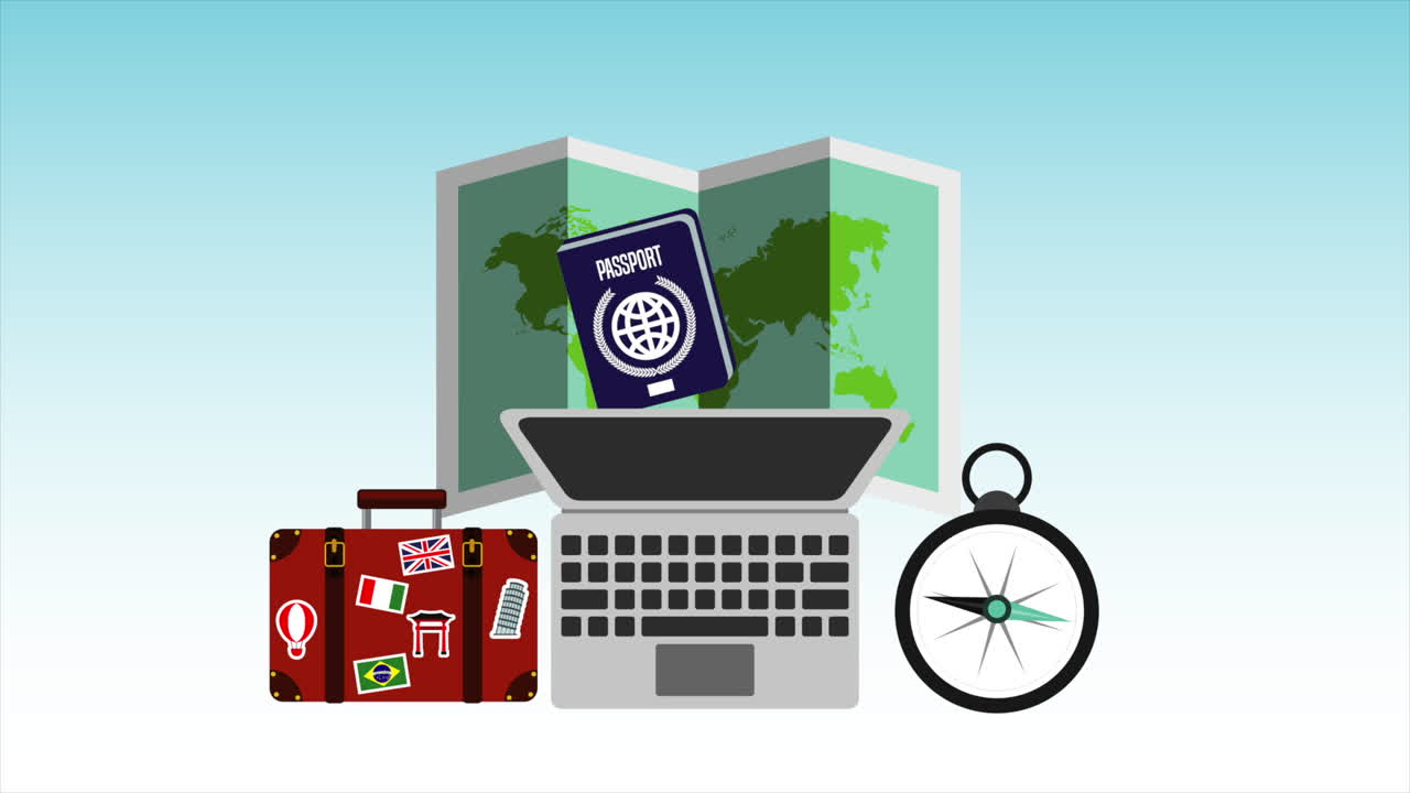 laptop computer and travel items animation