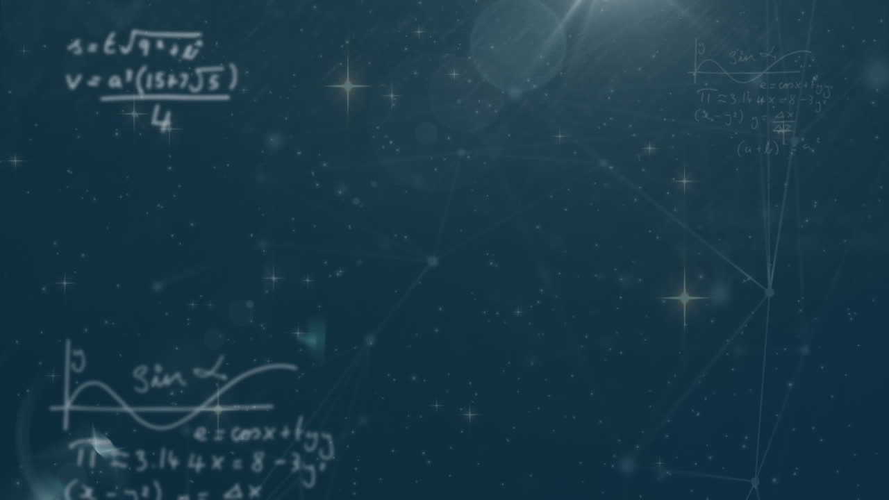 Animation of mathematical equations and data processing over black background
